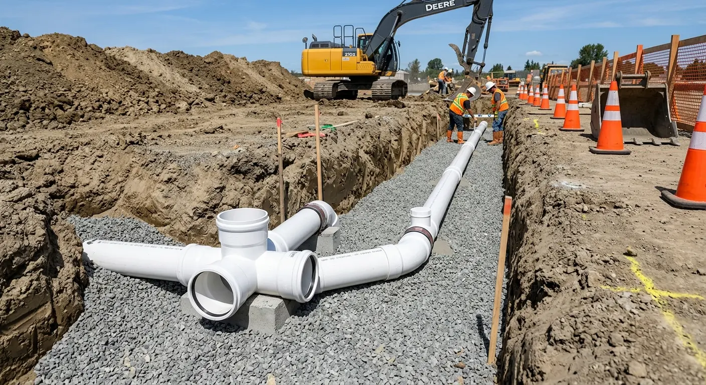 New PVC sewer pipe installation in open trench for Grease Trap Cleaning in Vacaville