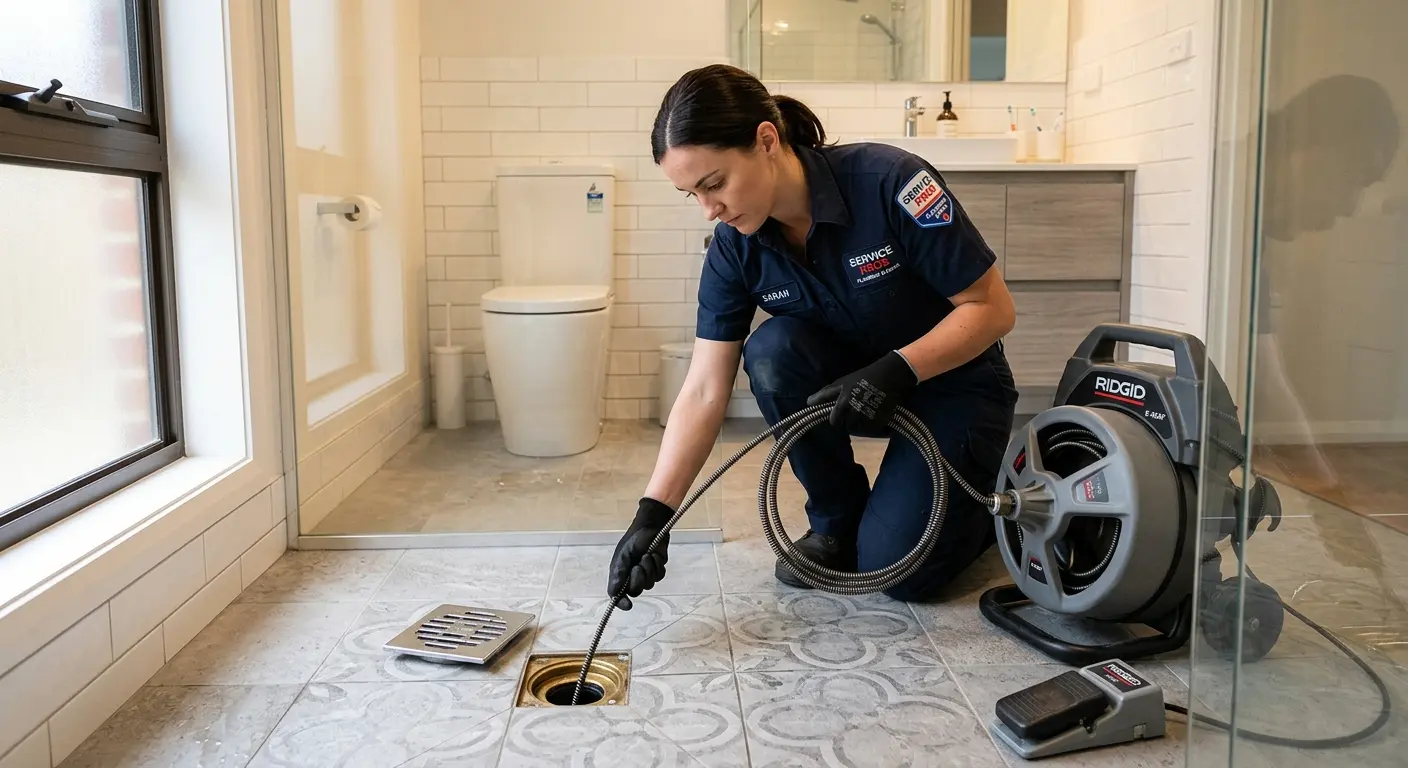 Technician clearing a bathroom floor drain for Hydro Jetting in Vacaville